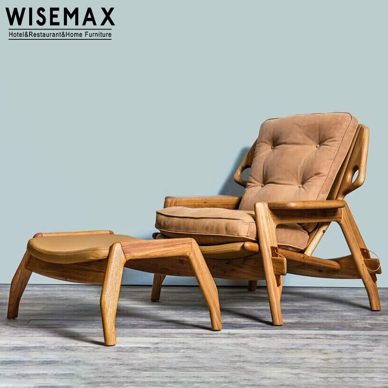 WISEMAX FURNITURE Midcentury minimal furniture living room wooden armchair with ottoman cozy fabric comfy leisure chair  bedroom