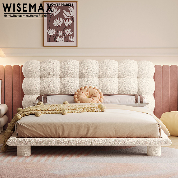 WISEMAX FURNITURE Modern bedroom furniture Rectangle pink teddy fabric bubble bed heard wooden double bed for home