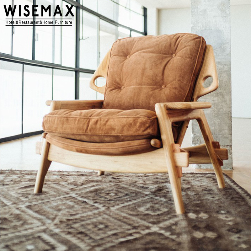 WISEMAX FURNITURE Midcentury minimal furniture living room wooden armchair with ottoman cozy fabric comfy leisure chair  bedroom