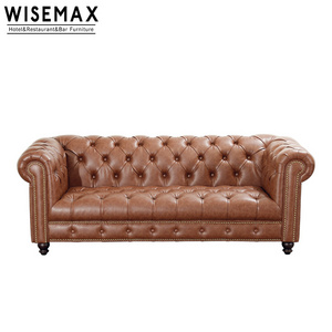 WISEMAX American modern furniture antique 3 seats upholstery vintage leather living room used chesterfield leisure sleeper sofa