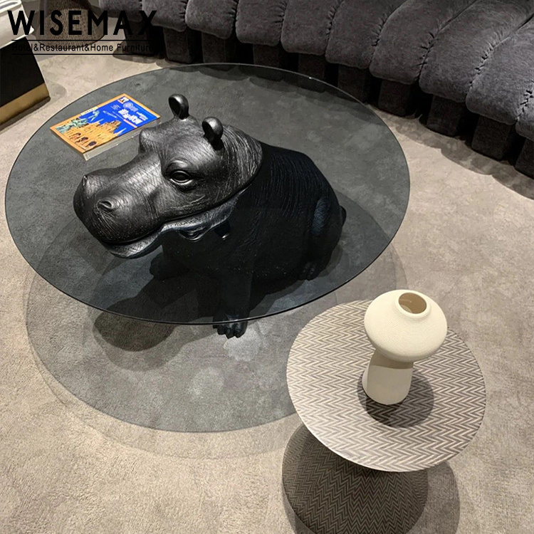 WISEMAX FURNITURE Wholesale living room side table unique nordic glass top black hippo coffee table for hotel villa