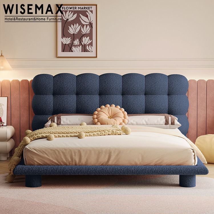 WISEMAX FURNITURE Modern bedroom furniture Rectangle pink teddy fabric bubble bed heard wooden double bed for home