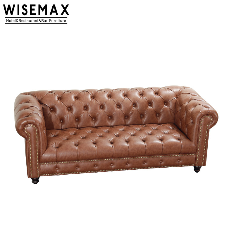 WISEMAX American modern furniture antique 3 seats upholstery vintage leather living room used chesterfield leisure sleeper sofa