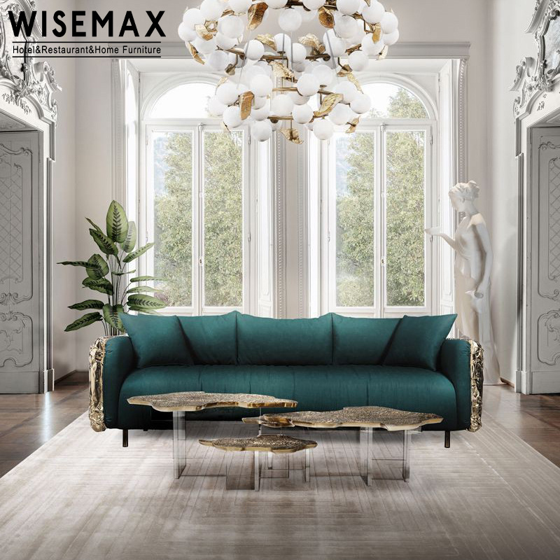 WISEMAX FURNITURE Italian Luxury Villa Couch Sofa Set Furniture Gold Stainless Steel Genuine Leather Sofa For Living Room