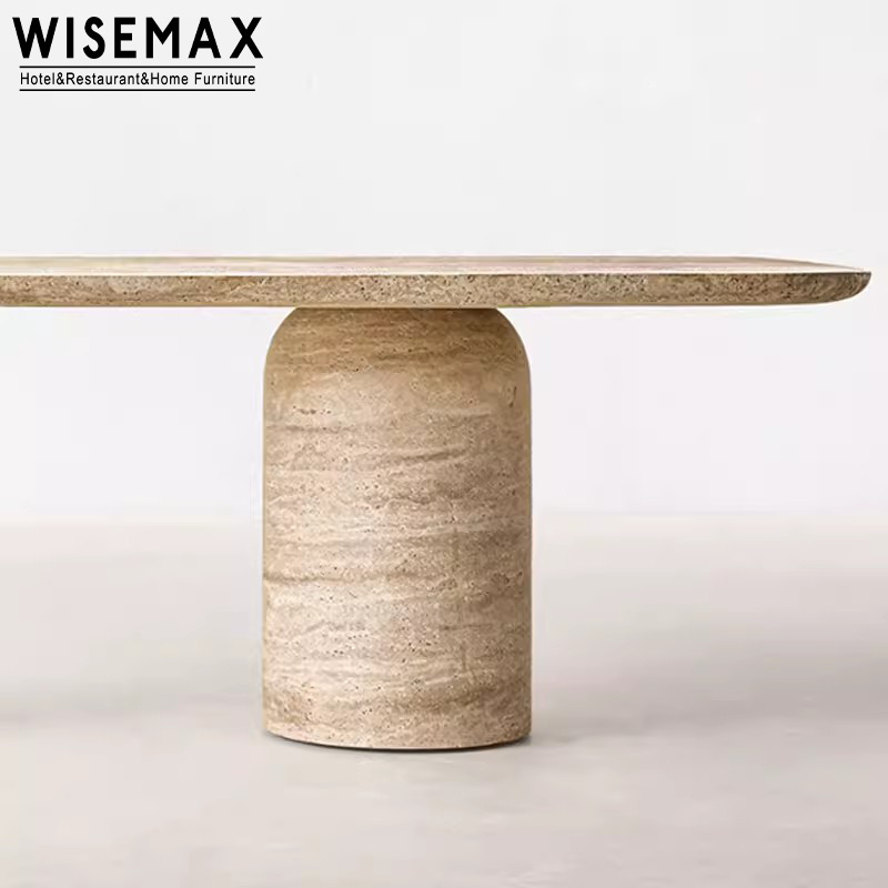 WISEMAX FURNITURE Modern Large Travertine Dining Table with Cylinder Base Luxury Marble Design 10-Seater for Home or Hotel Use