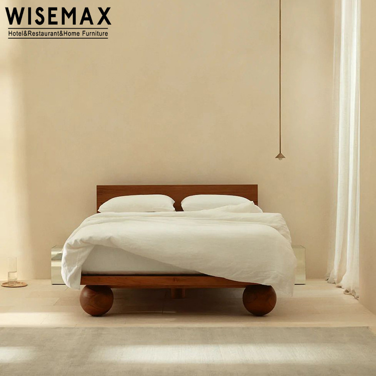 WISEMAX FURNITURE Modern bedroom furniture Walnut color solid wood frame white fabric king size double bed for home