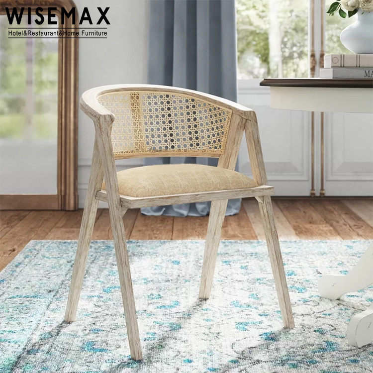 WISEMAX FURNITURE Nordic dining room furniture Web natural rattan chair Soft cushion black solid wood dining chair with arm