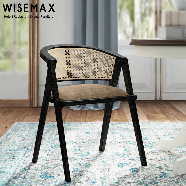 WISEMAX FURNITURE Nordic dining room furniture Web natural rattan chair Soft cushion black solid wood dining chair with arm