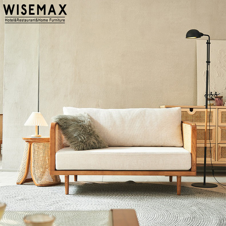 WISEMAX FURNITURE Simple wooden frame garden chair rattan weaving three seat sofa set for living room