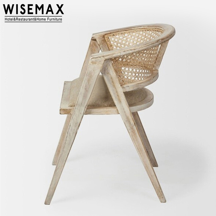 WISEMAX FURNITURE Nordic dining room furniture Web natural rattan chair Soft cushion black solid wood dining chair with arm