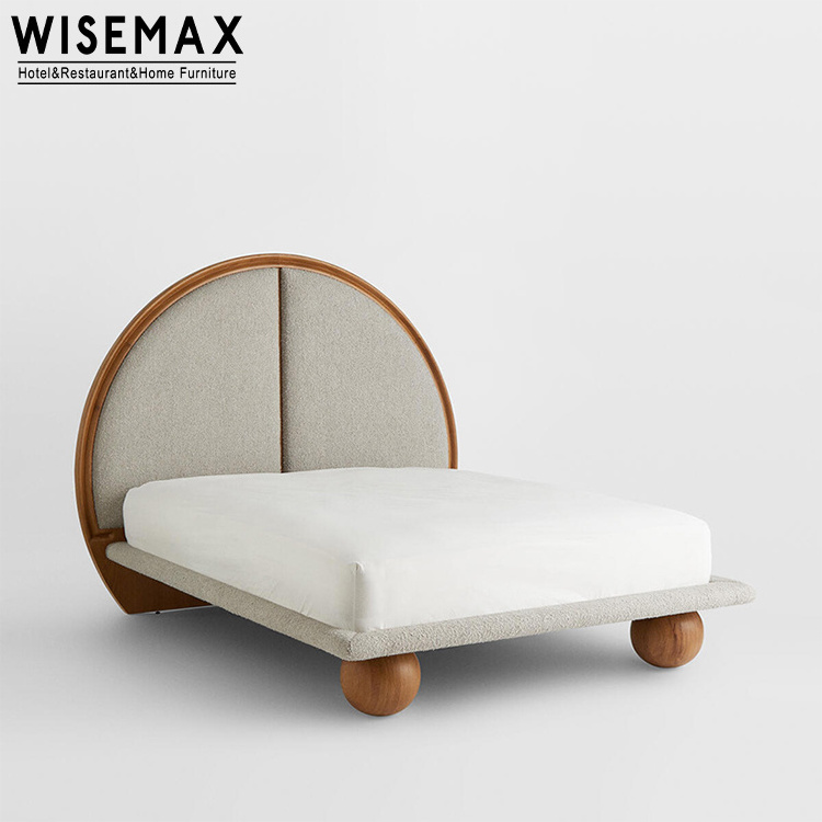 WISEMAX FURNITURE Modern bedroom furniture King size walnut color wooden frame linen fabric home double bed with round legs