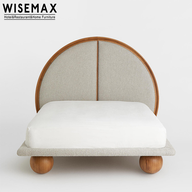 WISEMAX FURNITURE Modern bedroom furniture King size walnut color wooden frame linen fabric home double bed with round legs