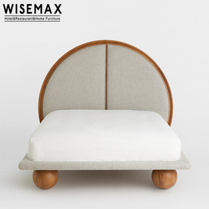 WISEMAX FURNITURE Modern bedroom furniture King size walnut color wooden frame linen fabric home double bed with round legs