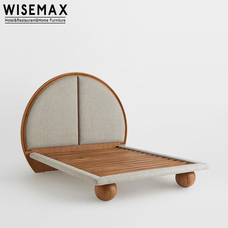 WISEMAX FURNITURE Modern bedroom furniture King size walnut color wooden frame linen fabric home double bed with round legs