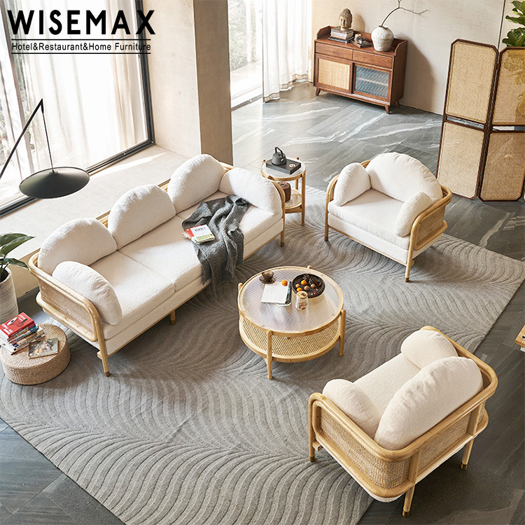 WISEMAX FURNITURE Wholesale popular country style natural wood and rattan sofa chair for living room simple sofa