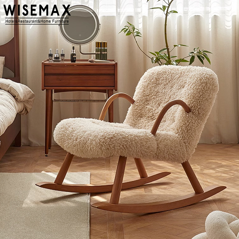 WISEMAX FURNITURE Nordic home furniture lamb wool cashmere lounge chair wooden plush arm side lounge rocking chair for adults