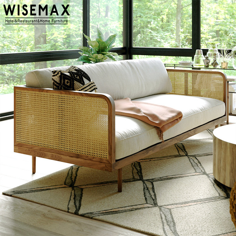 WISEMAX FURNITURE Simple wooden frame garden chair rattan weaving three seat sofa set for living room