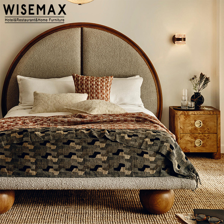 WISEMAX FURNITURE Modern bedroom furniture King size walnut color wooden frame linen fabric home double bed with round legs