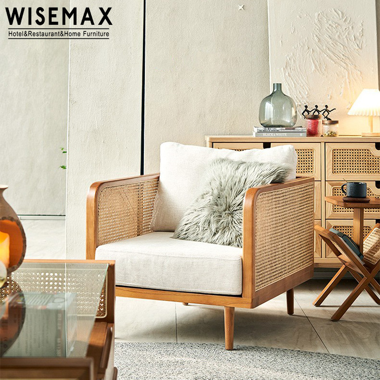 WISEMAX FURNITURE Simple wooden frame garden chair rattan weaving three seat sofa set for living room