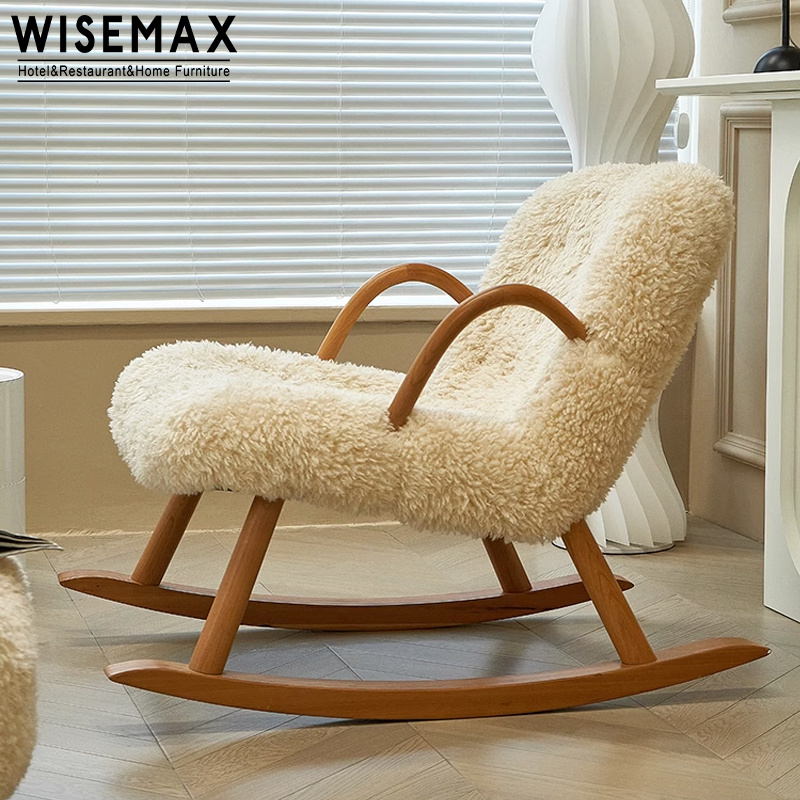 WISEMAX FURNITURE Nordic home furniture lamb wool cashmere lounge chair wooden plush arm side lounge rocking chair for adults