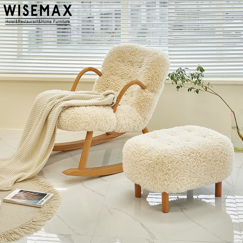 WISEMAX FURNITURE Nordic home furniture lamb wool cashmere lounge chair wooden plush arm side lounge rocking chair for adults