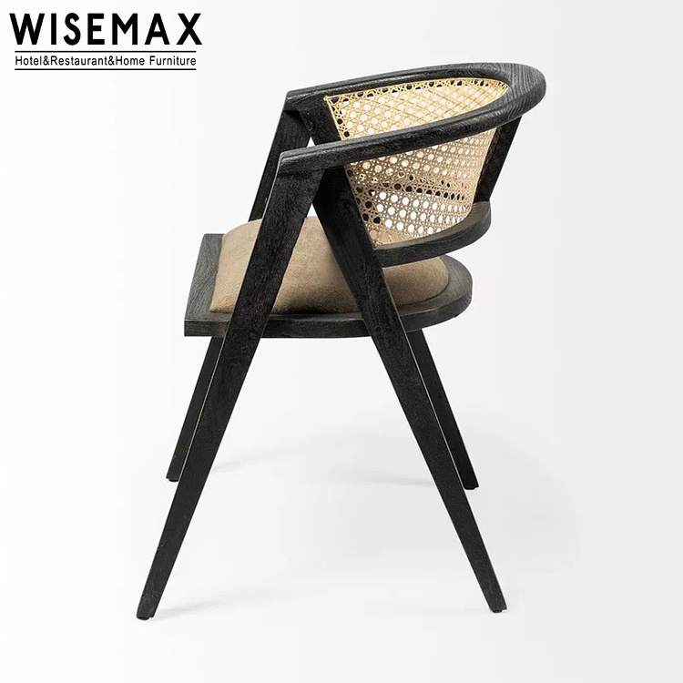 WISEMAX FURNITURE Nordic dining room furniture Web natural rattan chair Soft cushion black solid wood dining chair with arm