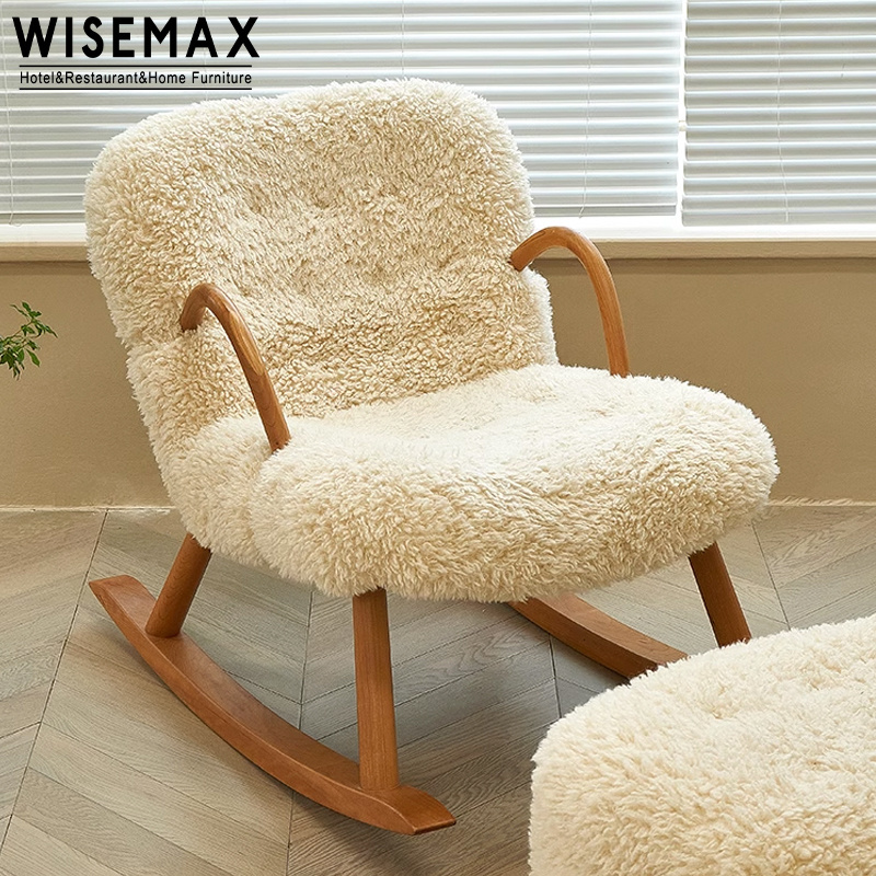 WISEMAX FURNITURE Nordic home furniture lamb wool cashmere lounge chair wooden plush arm side lounge rocking chair for adults