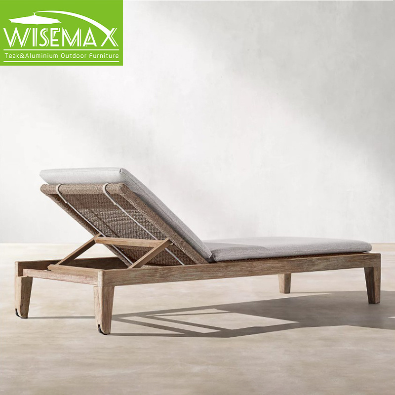 WISEMAX FURNITURE Natural weather sun deck outdoor furniture teak wood waterproof fabric chaise lounger for pool patio lounger