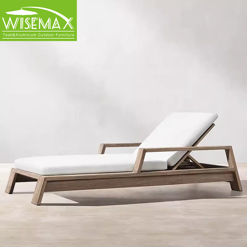 WISEMAX FURNITURE Nordic style teak wood chaise lounger chair outdoor waterproof fabric sun lounger poolside daybed for patio