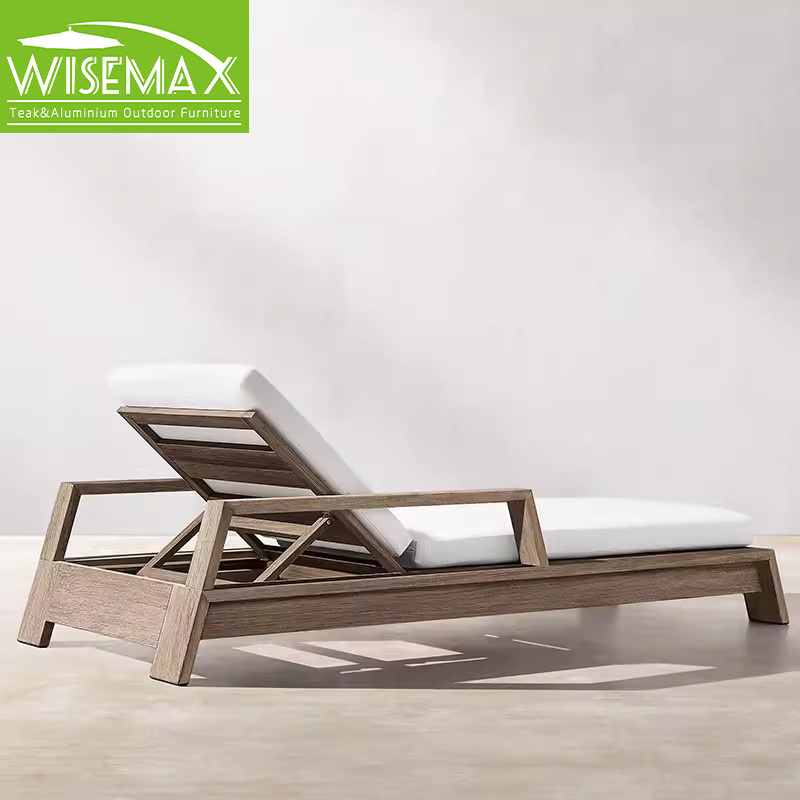 WISEMAX FURNITURE Nordic style teak wood chaise lounger chair outdoor waterproof fabric sun lounger poolside daybed for patio