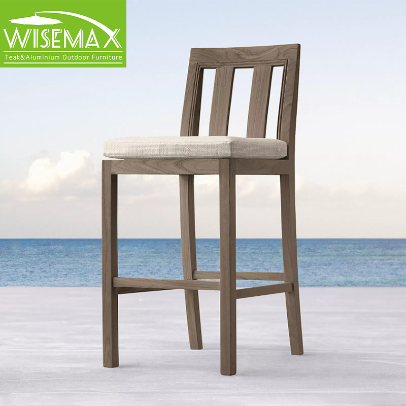 WISEMAX FURNITURE Nordic teak wood bar chair outdoor bar stool and table high backrest waterproof fabric bar chair for villa