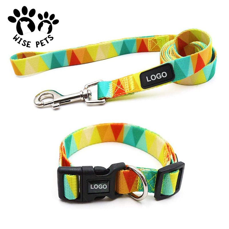 Wholesale dog leash manufacturers heat transfer printed pet training lead nylon slip sublimation dog collars and leashes for dog