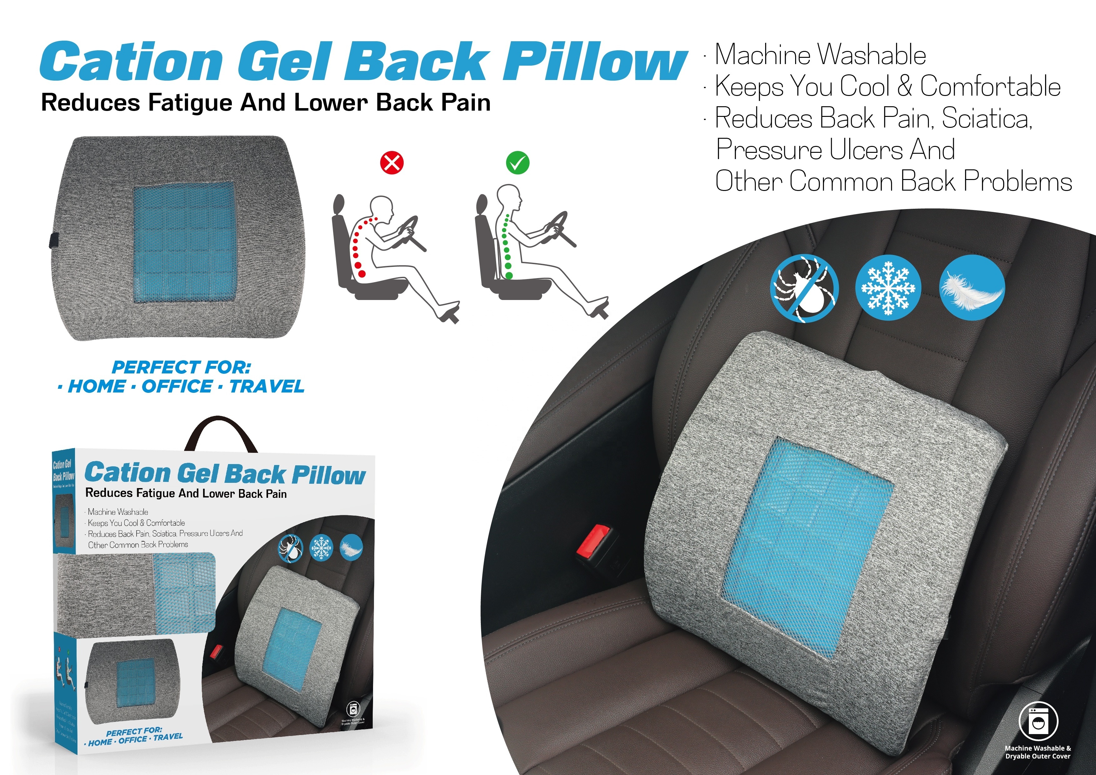 Wholesale OEM Orthopedic Gray Gel Car Memory Foam Lumbar  Rest Back Support Pillow