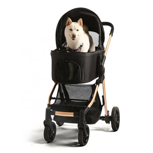 Quick Installation Pet Cat Stroller One Hand Operate Foldable 4 Wheel Dogs Carts Retractable Reversible Pet Stroller Cart