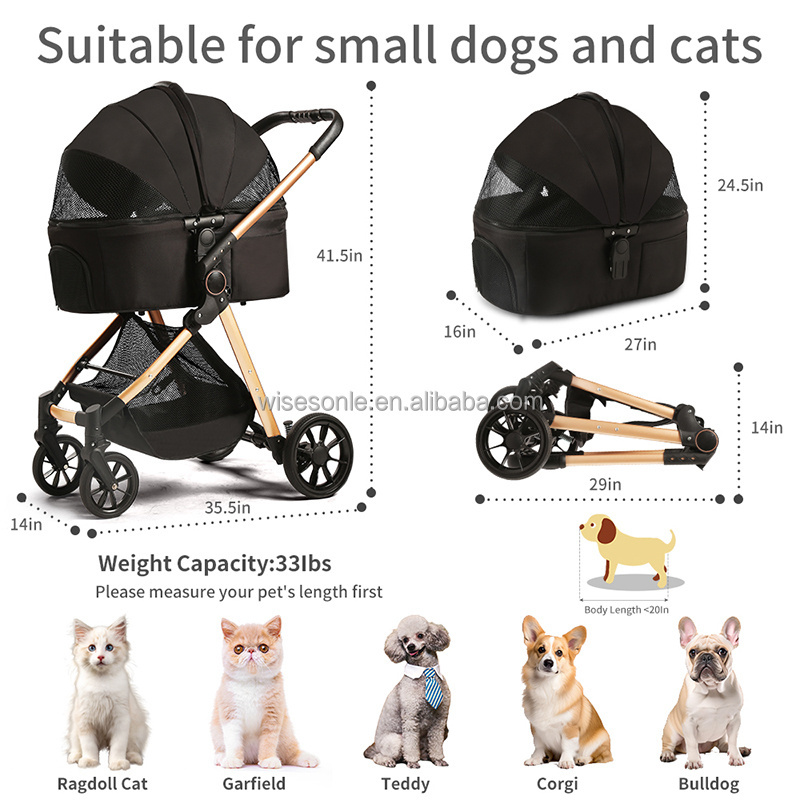 3 in 1 Pet Strollers for Small Medium Dogs Cat with Detachable Carrier Foldable Travel Pet Gear Stroller