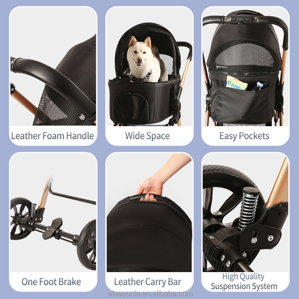 4 Wheel Foldable Cat Dog Stroller with Storage Basket and Cup Holder for Small and Medium Cats Dogs