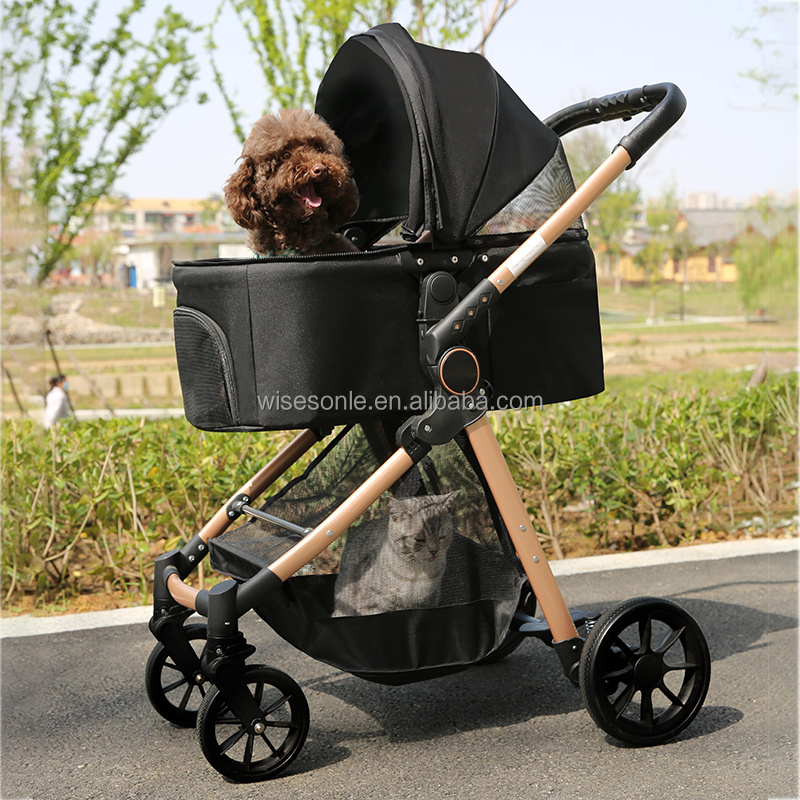 4 Wheel Foldable Cat Dog Stroller with Storage Basket and Cup Holder for Small and Medium Cats Dogs