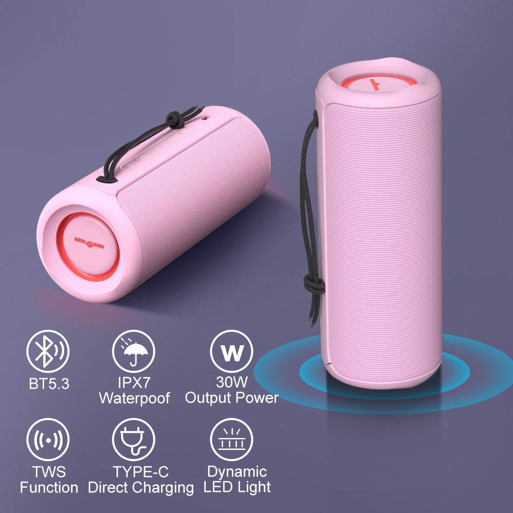 WISETIGER Pink Portable Bluetooth Speaker IPX7 Waterproof Speaker 30W Subwoofer with Microphone  Girls  Birthday Gifts