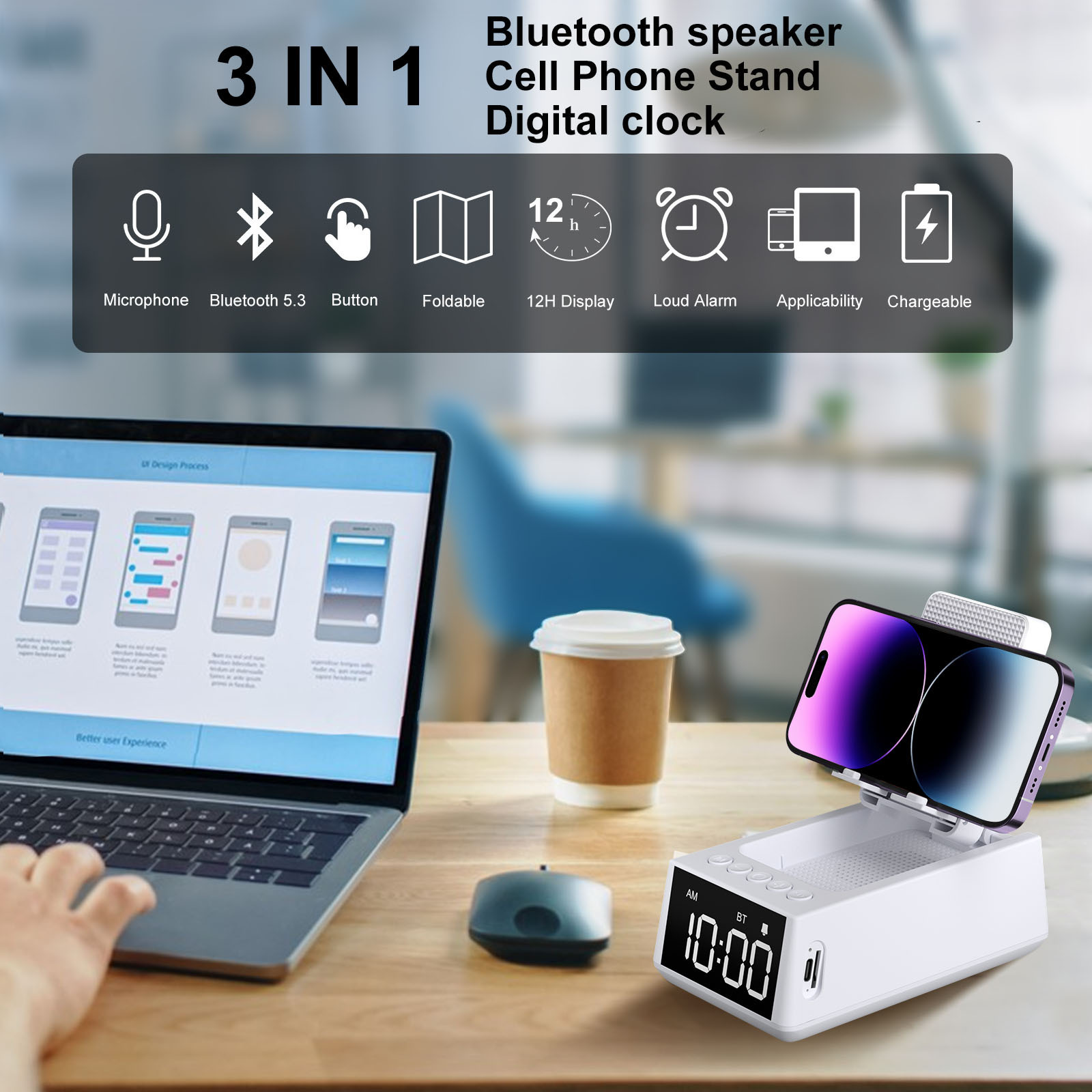 Bluetooth Speakers with Cell Phone Stand HD Surround Sound Anti-Slip Phone Holder Compatible with iPhone/iPad/Samsung Galaxy