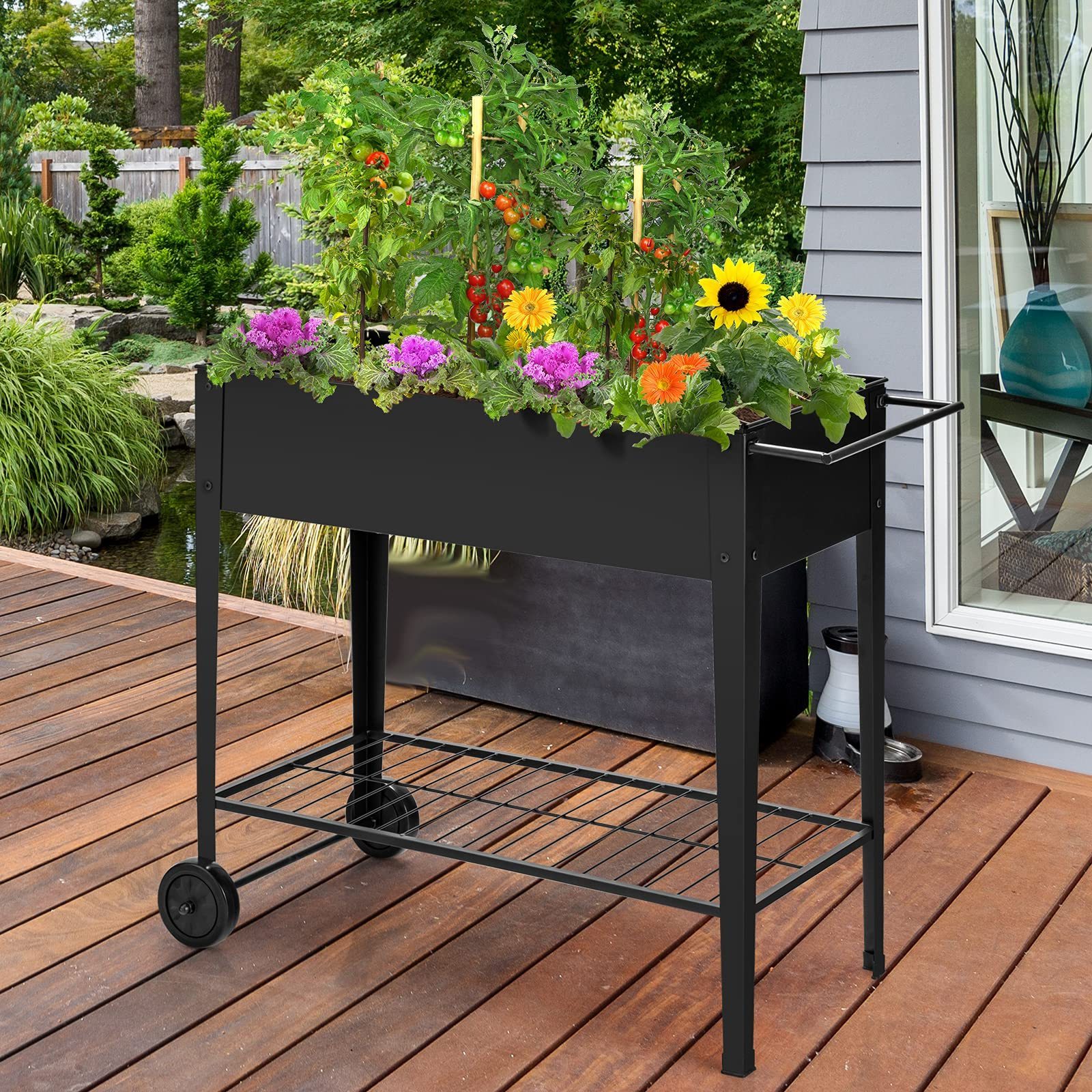 Mobile Metal Garden Raised Beds Rrise Garden Beds Box with Handlebar Wheels