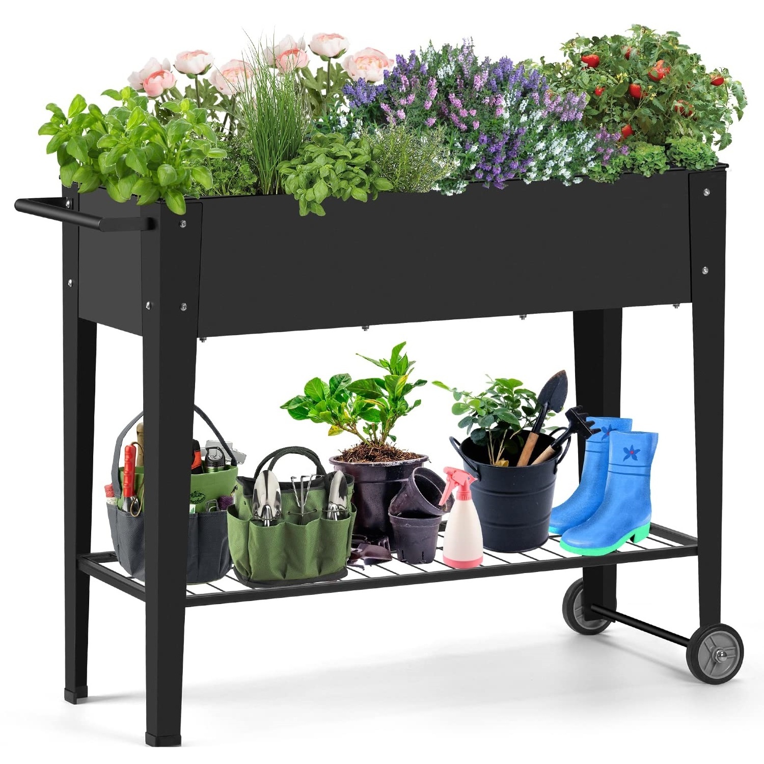 Mobile Metal Garden Raised Beds Rrise Garden Beds Box with Handlebar Wheels