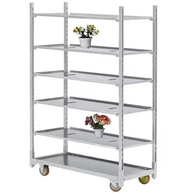 Best quality Wire-mesh trolley silver danish container flowers and plant display racks for greenhouse and nursery