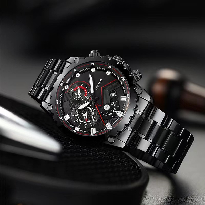 7190  luxury man black Quartz Watch Fashion Men's Calendar Casual stainless Steel Watches Montre homme