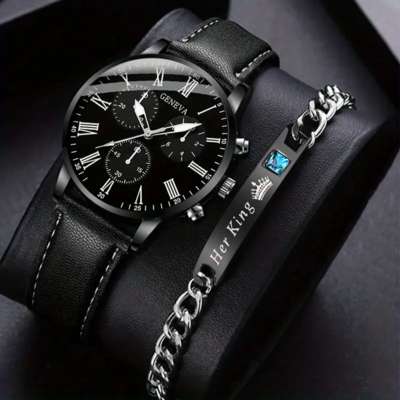 6258  2 pcs / set black mens Quartz Watch with Bracelet Fashion Men Watch Set gift