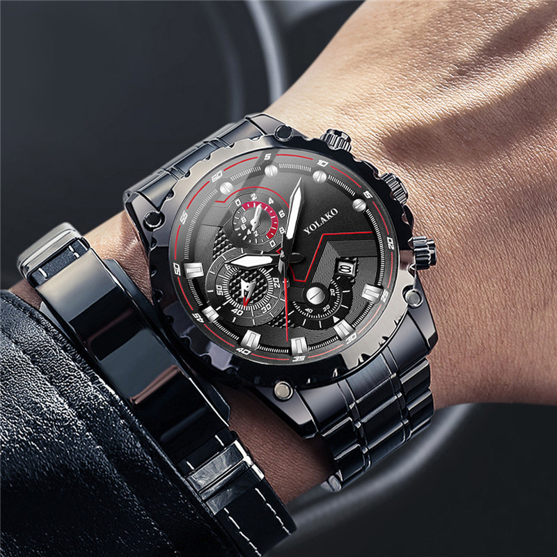 7190  luxury man black Quartz Watch Fashion Men's Calendar Casual stainless Steel Watches Montre homme