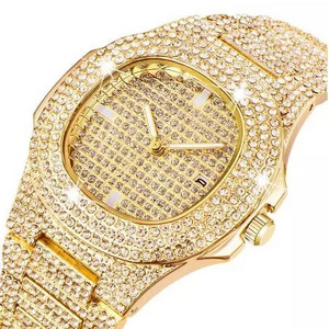 OEM ODM Top Brand Luxury Bling Quartz Square Men Watch Relojes Hip Hop Gold Full Diamond Iced Out Watch