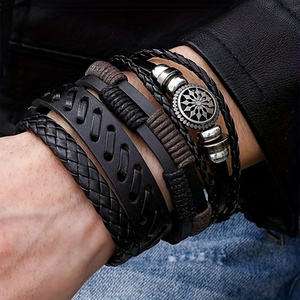 JW02   Fashionable Vintage Leather Woven Handmade Bracelet Men Charm Bracelets