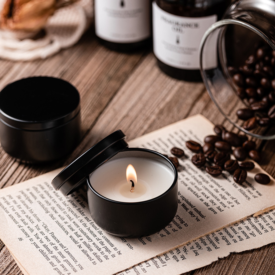 Factory Direct Price Plant Essential Oil High Quality  Luxury   Black Tin Jar  Soy Wax Tealight Candle Scented Candle For Trip