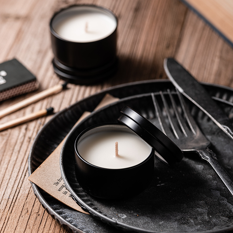 Factory Direct Price Plant Essential Oil High Quality  Luxury   Black Tin Jar  Soy Wax Tealight Candle Scented Candle For Trip