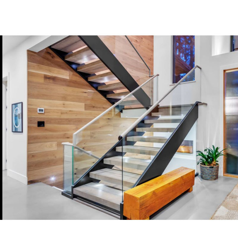 Modern indoor stair floating straight stairs Interior staircase with Wood Tread and Glass Railing